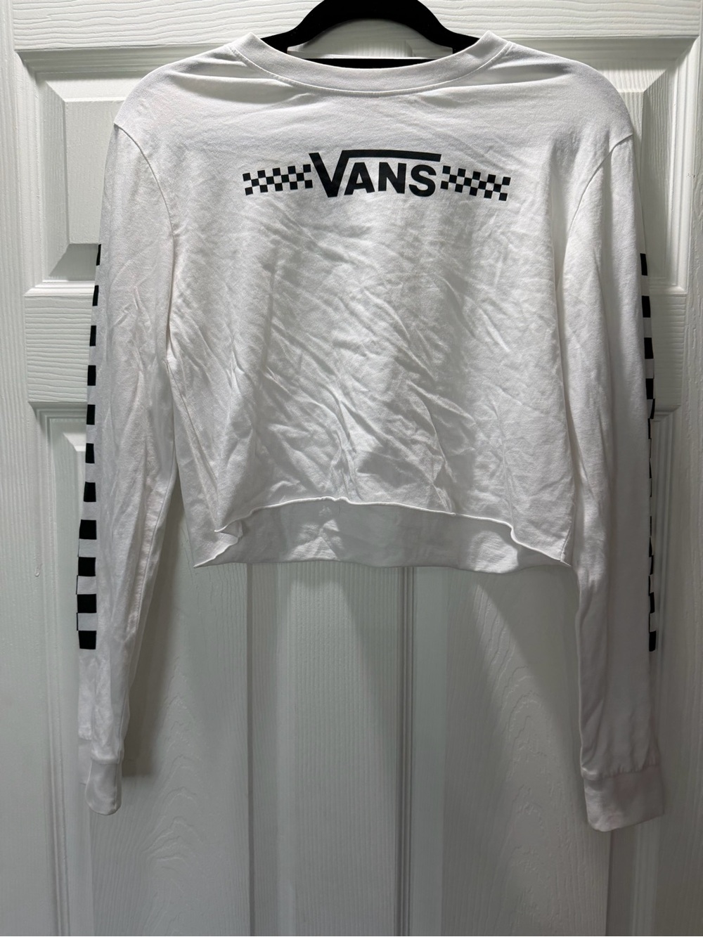 Vans White Cropped Long-Sleeve Tee with Black Checker Logo
